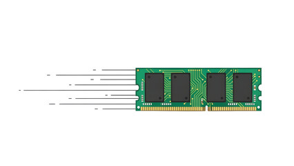 Green RAM memory module icon illustration with speed motion lines showing high performance data processing.
