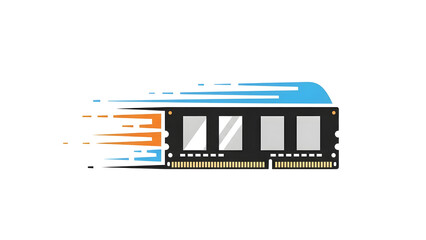 Black RAM memory module icon illustration with blue and orange speed motion lines showing gaming performance.
