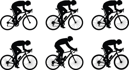 Obraz premium Set of six cyclist silhouettes in varied road biking postures, ideal for sports, fitness, and motion design projects.