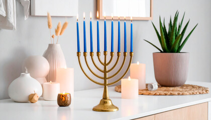 Stylish Hanukkah-themed setup featuring a menorah with nine blue-tipped bulbs placed on a wooden cabinet, surrounded by modern decor elements, blending festive symbolism with cozy interior design.