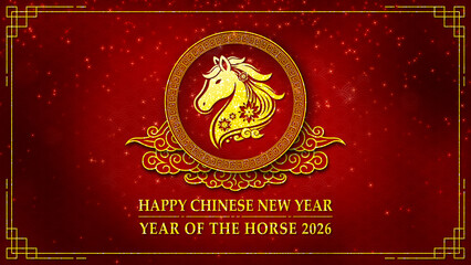 Happy Chinese New Year greeting design for Year of the Horse with red and gold color scheme, ornate zodiac emblem, traditional Asian patterns and festive luxury style.