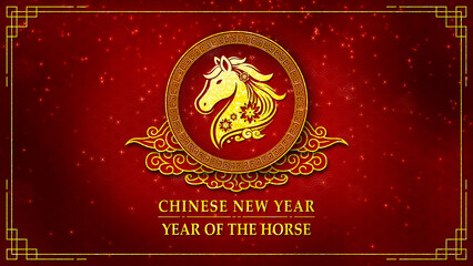 Chinese New Year Year of the Horse celebration background with luxurious red backdrop, golden zodiac horse emblem, traditional Asian patterns and elegant festive decoration.
