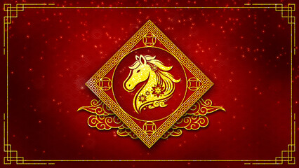 Happy Chinese New Year Year of the Horse festive illustration with golden zodiac horse, red decorative background, traditional Asian patterns and elegant celebration theme.