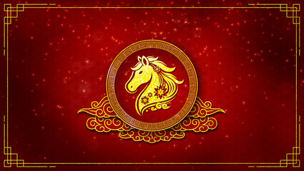 Chinese New Year greeting background for Year of the Horse with elegant gold typography, red festive backdrop, traditional Asian motifs and luxurious celebratory style.