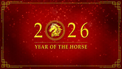 Chinese New Year Year of the Horse luxury background with red and gold color palette, ornate zodiac emblem, traditional patterns and festive sparkling details.