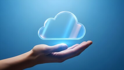 Glowing Holographic Cloud in Hand &ndash; Cloud Computing, Data Storage & Secure IT Technology Concept