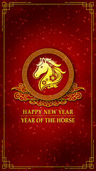 Happy Chinese New Year Year of the Horse red and gold vertical festive background with ornate zodiac horse emblem, traditional Asian patterns, sparkling details and elegant luxury celebration mood.
