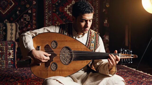 Arabic musician playing a traditional oud instrument. A focused man performs ethnic Middle Eastern folk music in a cultural setting.