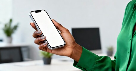 woman holding smartphone with blank screen in office