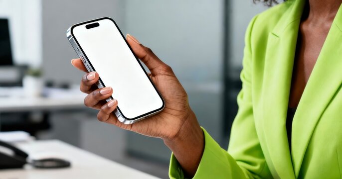 Businesswoman holding smartphone with blank screen in office - Powered by Adobe