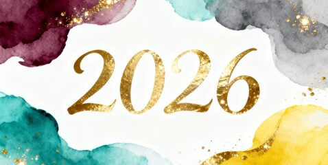 Golden 2026 text with watercolor and glitter background