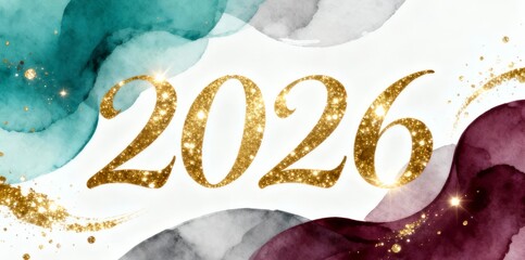 Golden glitter 2026 text with watercolor background