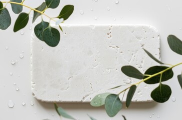 White marble plate with eucalyptus leaves and water droplets