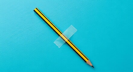 Simple yellow and black striped wooden pencil temporarily secured with clear tape against blue