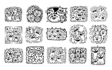 Fototapeta premium Cute and funny cats doodle vector set. Cartoon cat or kitten characters design collection with flat color in different poses. Set of purebred pet animals isolated on white background. 