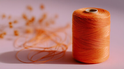 Creative composition, vibrant orange thread on spool with loose strands curling outward, macro focus on texture, soft studio backdrop enhancing color vibrancy
