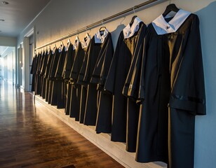 Academic Regalia hanging in a hallway at sunrise