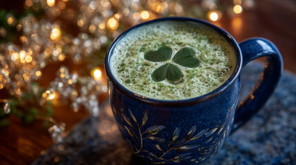 Close-up of frothy green beer in a mug, bubbles shimmering, clover-shaped foam decorations, festive tabletop