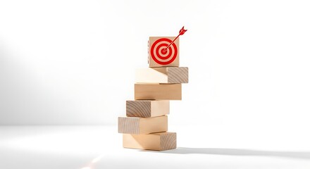 Wooden building blocks stacked to reach a red target with an arrow hitting the center bullseye
