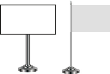 Obraz premium Realistic Outdoor Advertising Stand Billboard And Vertical Flag Sign Vector Mockup Design