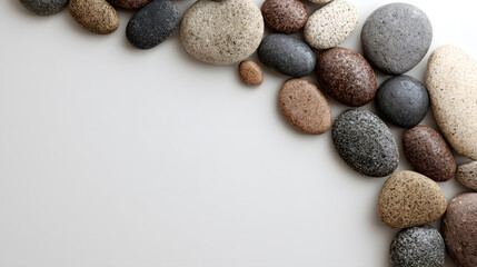 Smooth rounded stones arranged along corner edge on white background conveying calm and natural balance
