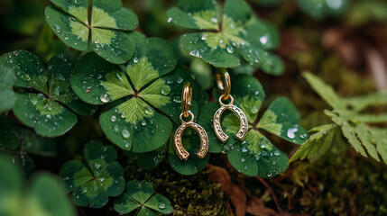 Macro of tiny golden horseshoe charms, surrounded by green clovers, festive magical detail