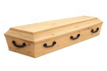 Light wooden coffin with black handles, a symbol of death, loss, mourning, and the final resting place, on a transparent background