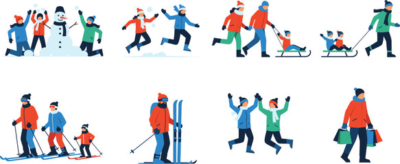 Fototapeta premium Winter Outdoor Activities Illustration, People Playing in Snow, Skiing, Sledding and Family Fun in Cold Season