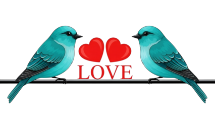 A pair of beautiful blue birds facing each other with red hearts and "LOVE" text.