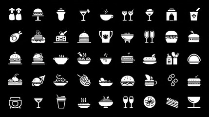 Extensive Collection of Flat White Food and Drink Icons on a Black Background, Showcasing Diverse Culinary Items.