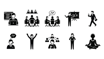 A collection of business and professional icons illustrating diverse activities like coding meetings presentations success customer support and mindful meditation practices