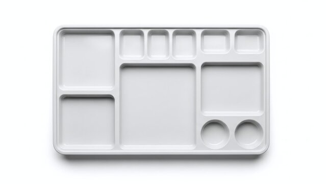 Empty white school cafeteria tray with multiple compartments shown from directly above on a white background.
