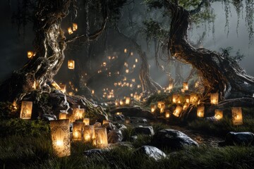 A quiet forest clearing lit by dozens of floating paper lanterns