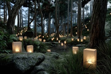 A quiet forest clearing lit by dozens of floating paper lanterns