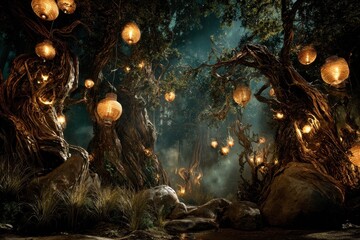 A quiet forest clearing lit by dozens of floating paper lanterns