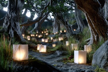 A quiet forest clearing lit by dozens of floating paper lanterns