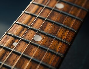 Close-up of a wooden electric guitar fretboard with strings
