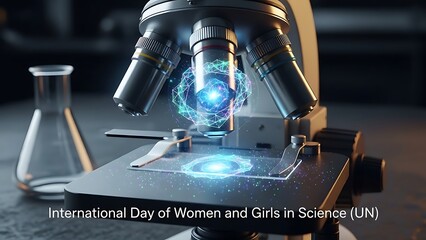 International day of women and girls in science un microscope with glowing blue light