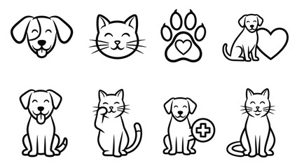 Cute pet icons outline style set animal portraits dog cat head full body paw print heart.