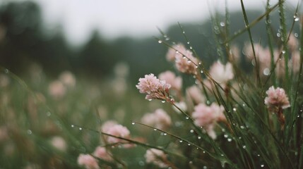 Close-up of a field of pink flowers with water droplets on them. the flowers are small and delicate, with a few petals that are slightly curled at the edges.
