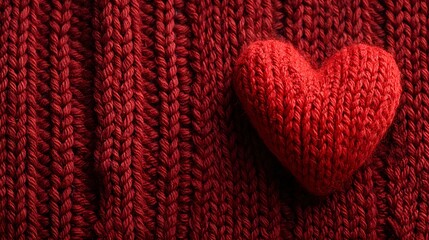 Knitted red heart on red wool knitted background, minimal romantic love concept