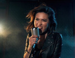 Passionate Female Vocalist Performing Live with Vintage Microphone