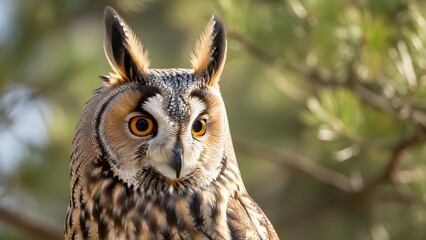 Majestic Long Eared Owl Perched in a Forest