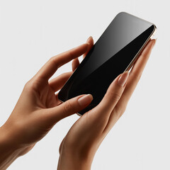 Close-up of hands holding modern smartphone with empty screen, photorealistic textures, soft natural lighting, lifestyle composition, editorial concept, 8k ultra high-resolution photography.