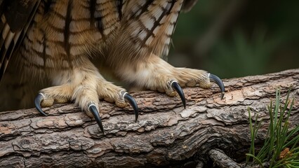 Naklejka premium Eagle Owl Claws on Log Majestic Bird of Prey
