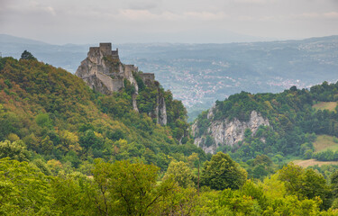 Medieval fortress on rocky hill in Srebrenik, Bosnia and Herzegovina.
