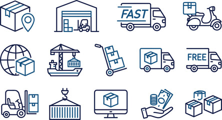 Logistics and delivery service icons illustrating shipping, warehousing, transportation, global distribution, cargo handling, package tracking, and courier solutions in clean modern line style