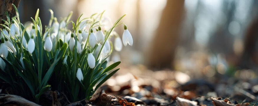Early spring snowdrops blooming in sunlit woodland scene