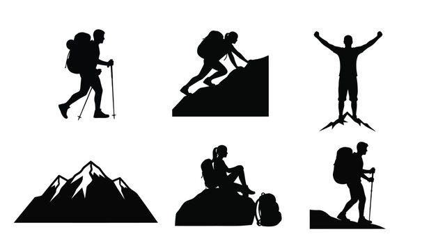 Collection of black silhouette icons depicting various challenging hiking and mountain climbing activities including trekking success rest and mountaineering elements for outdoor adventure graphics
