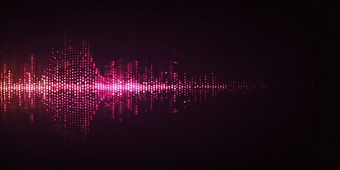 Pink and red digital sound wave made of glowing dots on dark purple background audio music